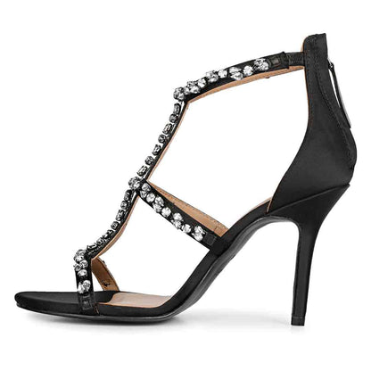Saint Ella Silver Stone Embellished Black Leather Heels