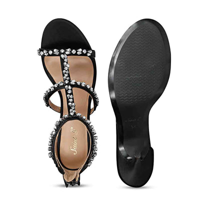 Saint Ella Silver Stone Embellished Black Leather Heels