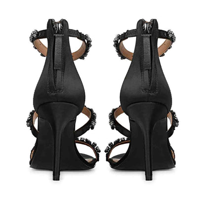 Saint Ella Silver Stone Embellished Black Leather Heels