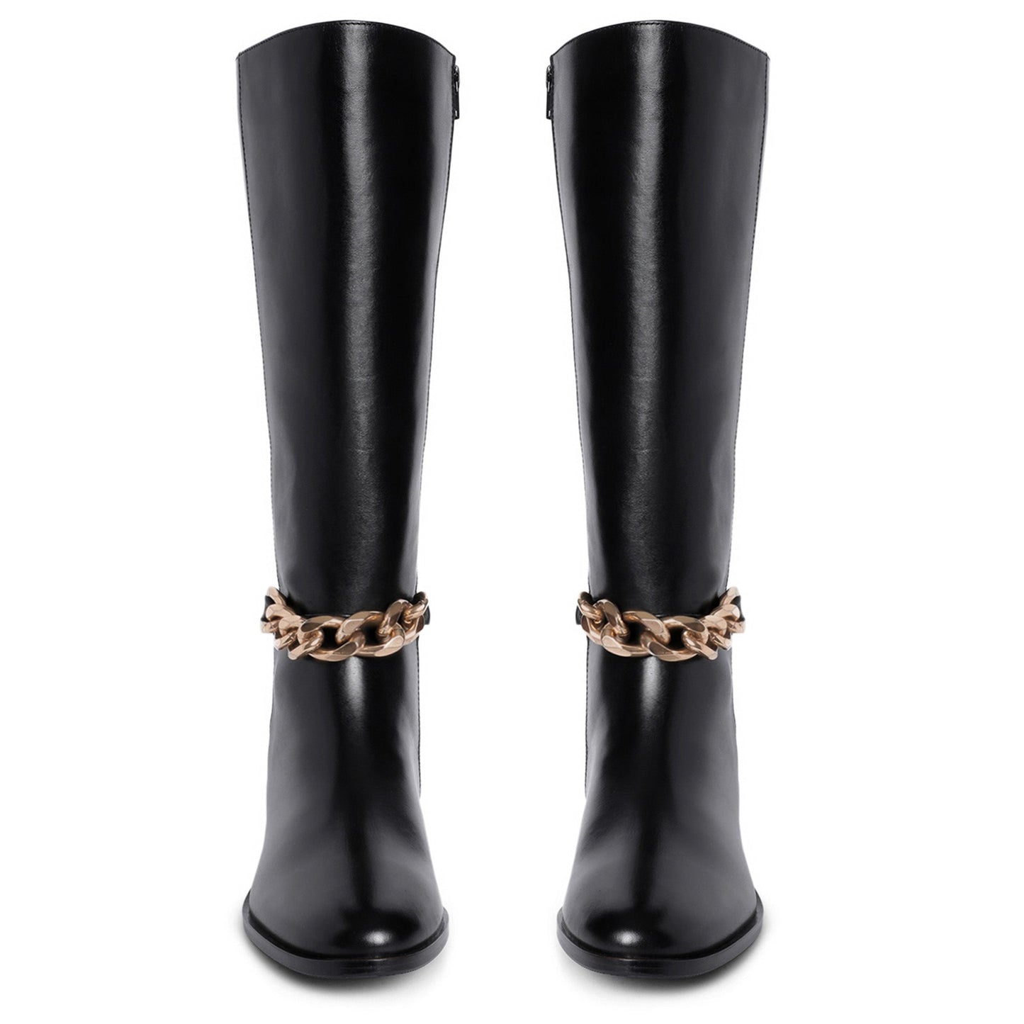 Alina Gold Chain Embellished Black Leather Knee High Boots