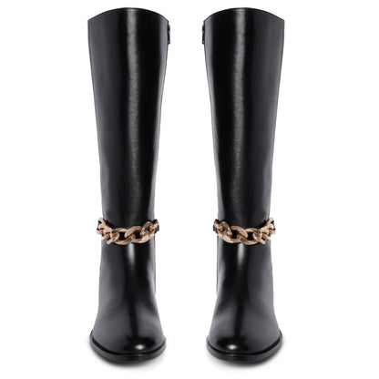 Alina Gold Chain Embellished Black Leather Knee High Boots