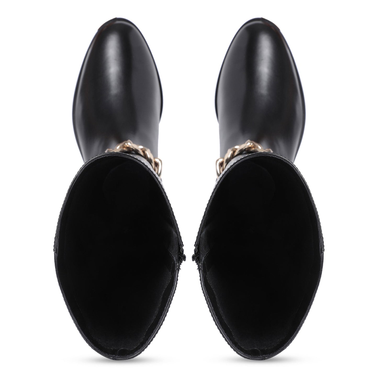 Alina Gold Chain Embellished Black Leather Knee High Boots