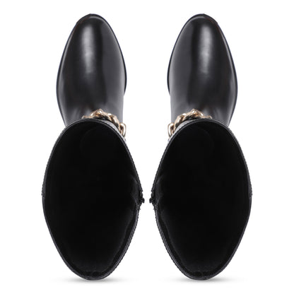 Alina Gold Chain Embellished Black Leather Knee High Boots