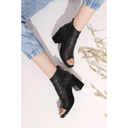 Saint Anna Black Hand Woven Leather Block Heels.
