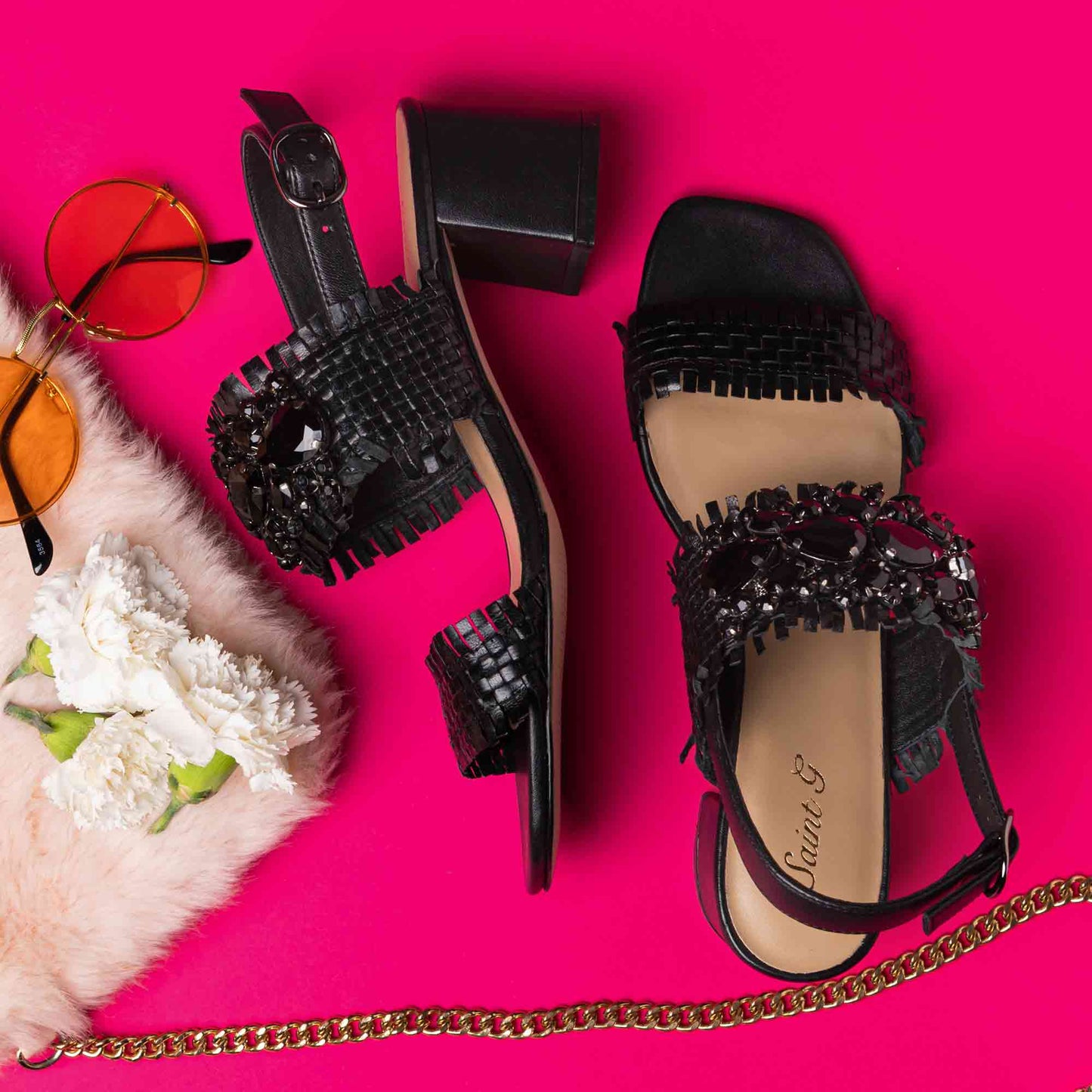 Saint Fabrizia Black Woven Leather Block Heels.