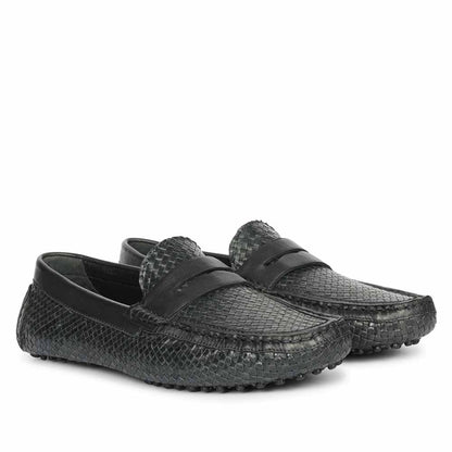 Saint Lennox Navy Handwoven Leather Saddle Loafers