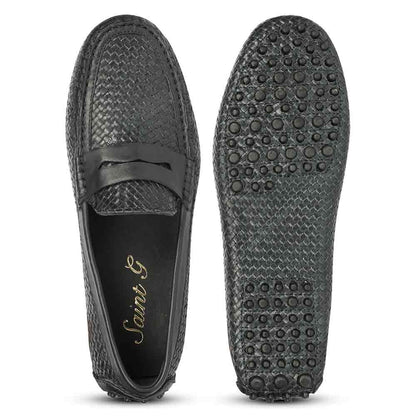 Saint Lennox Navy Handwoven Leather Saddle Loafers