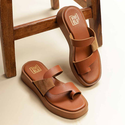 ViviBlu Tan Leather Platform Sandals