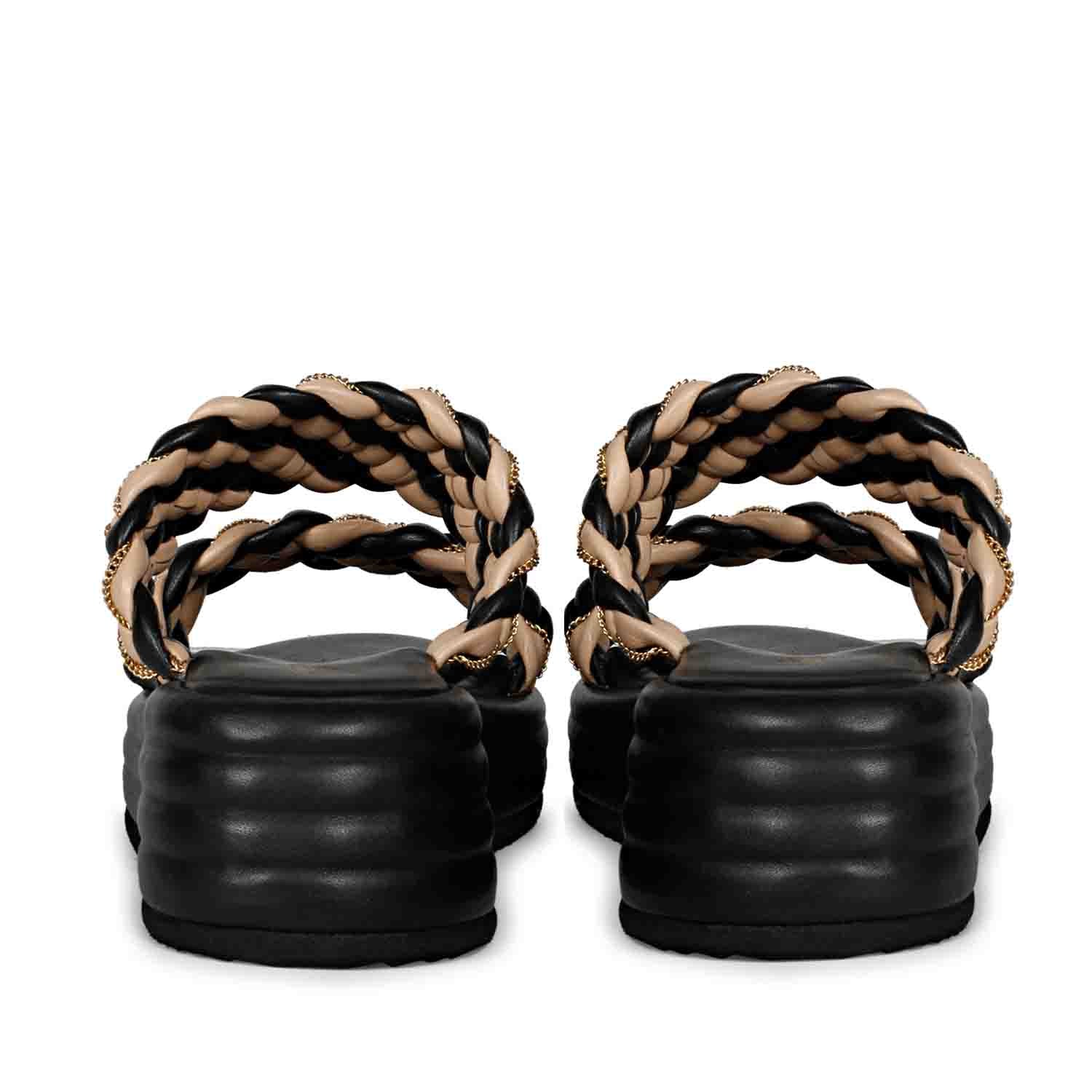 Elevate your outfit with SAINT FLURINA Black Platform Sandals - Woven leather and chain embellishments for a touch of glamour.