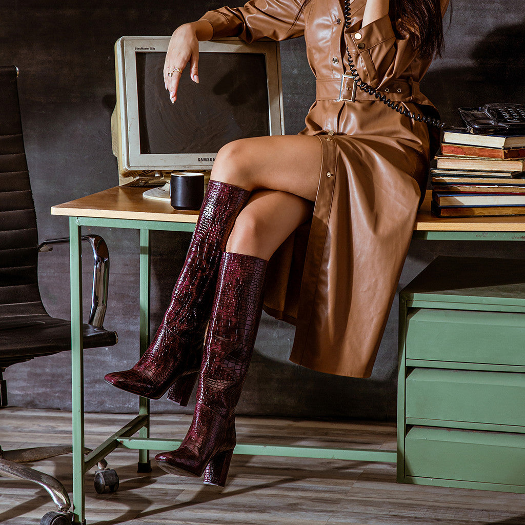 Saint Emily Burgundy Croco Vegan Leather Knee High Boots - SaintG India 