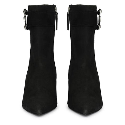 Saint Everly Crystal Buckle Black Suede Leather Ankle Boots