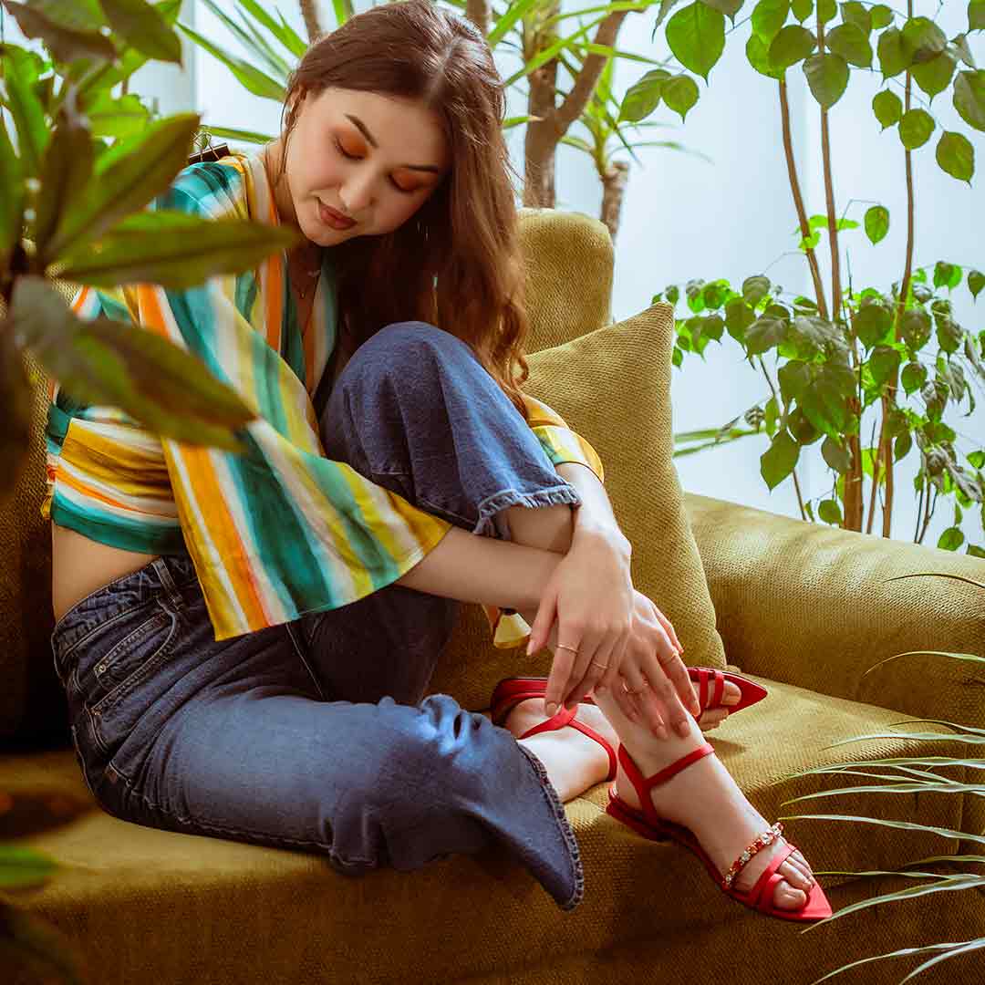 Annie Stone Embellished Red Nylon Fabric Sandals