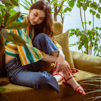 Annie Stone Embellished Red Nylon Fabric Sandals