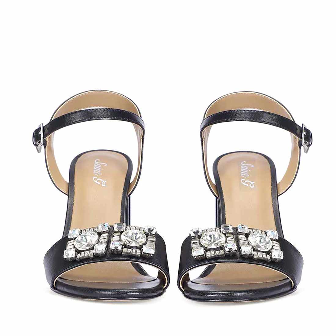 Macy Silver Stone Jewel Black Leather Block Heels