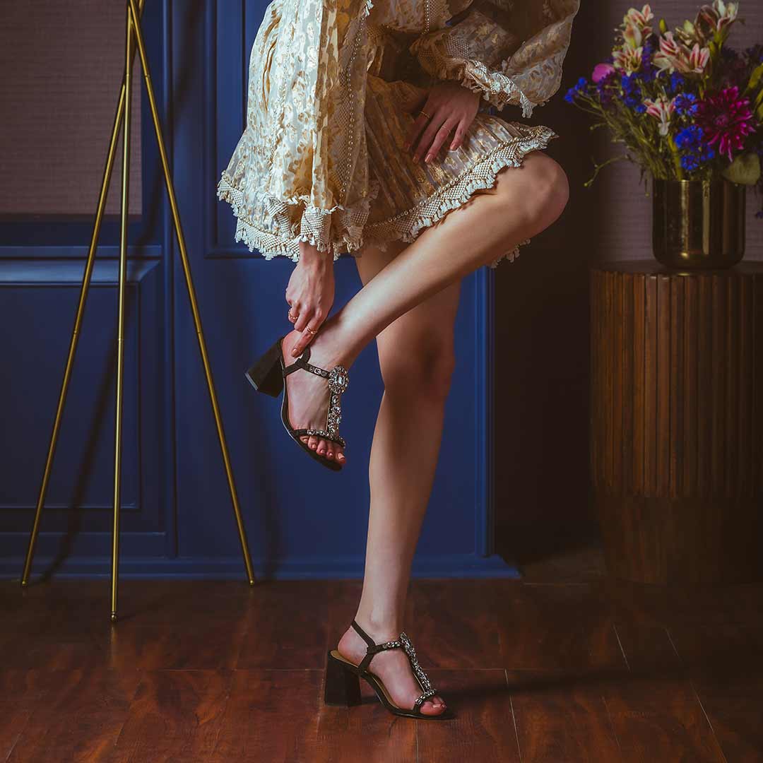 Saint Lucia Transparent Stone Embellished Black Suede Leather Block Heels