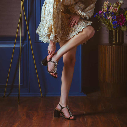 Saint Lucia Transparent Stone Embellished Black Suede Leather Block Heels