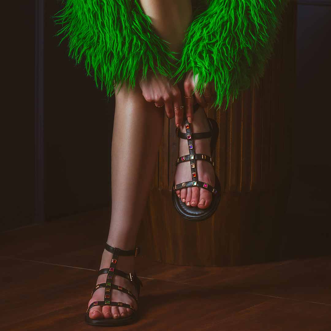 Saint Melina Multi Stone Studded Black Leather Sandals