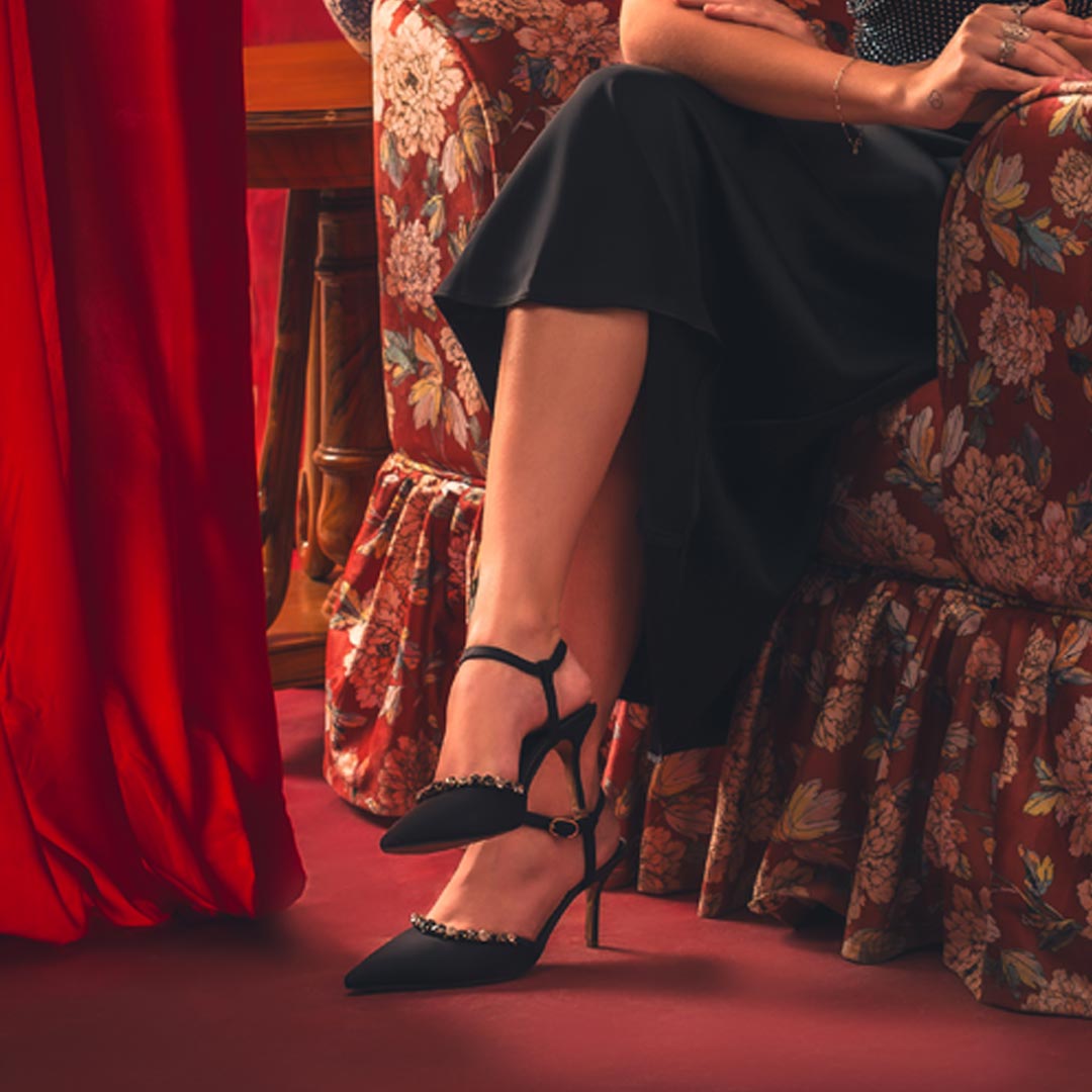 Leila Multi Stone Embellished Black Nylon Fabric Pumps