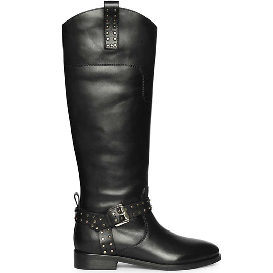Saint Soraya Studded Buckle Black Leather Long Boots
