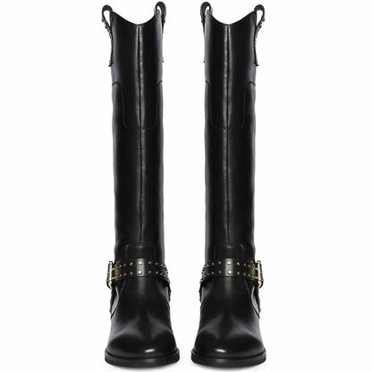 Saint Soraya Studded Buckle Black Leather Long Boots