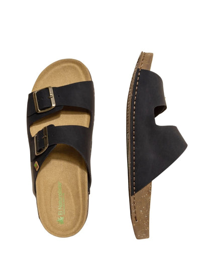 El Naturalista Black Embellished Leather Block Sandals with Buckle