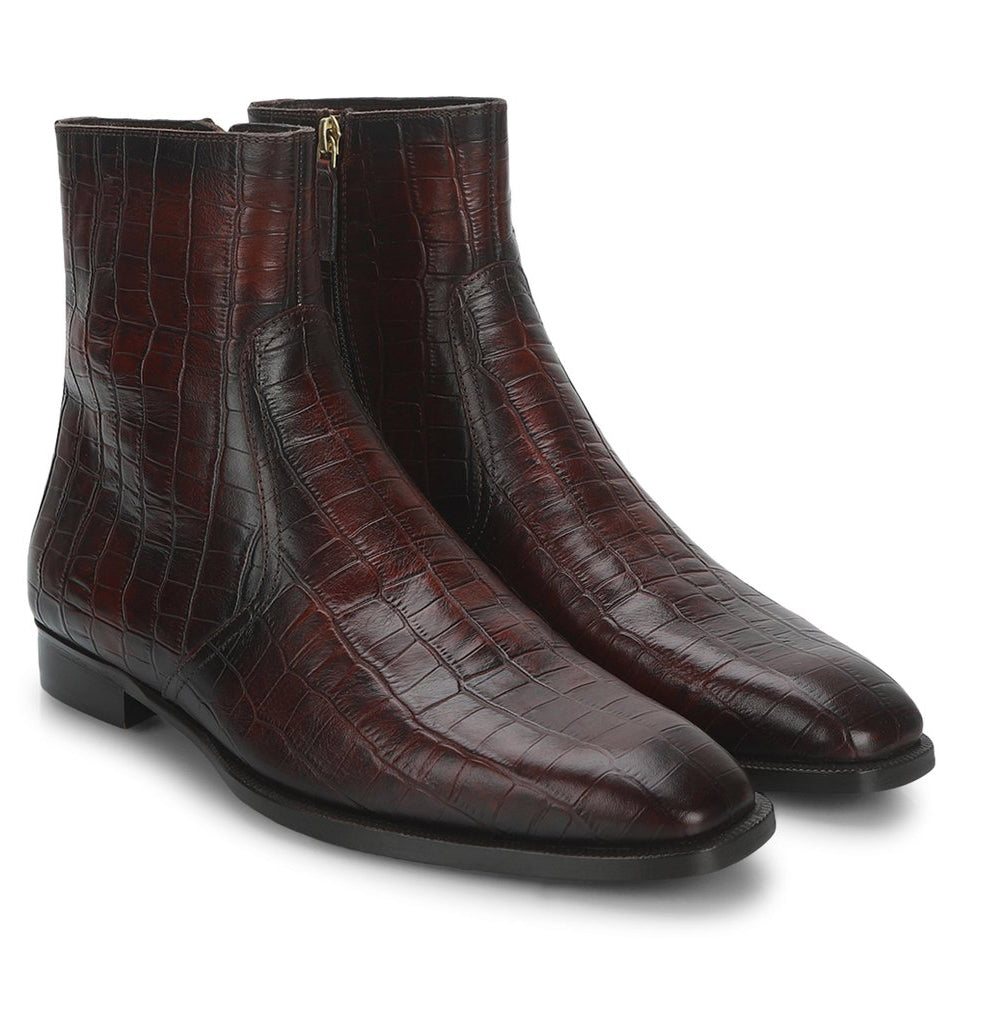 Saint Umberto Brown croco Embossed Two Color Toned Leather High Ankle Boot - SaintG
