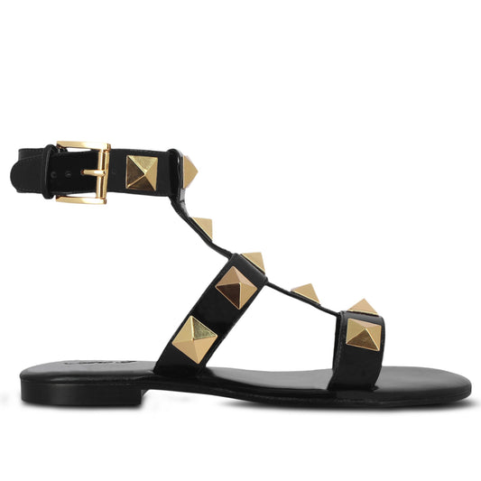 Saint Gaia Black Leather Flat Buckle Sandals: Elegant, versatile flats with a chic buckle design for timeless style and comfort.