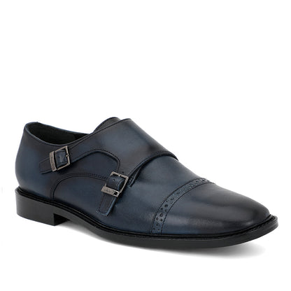Saint Perctarit Blue Leather Double Buckle Monk Brogue Shoes - SaintG India
