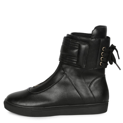 Whitesta Gabriella Black Leather Front Zipper Round Toe Heel Sneakers