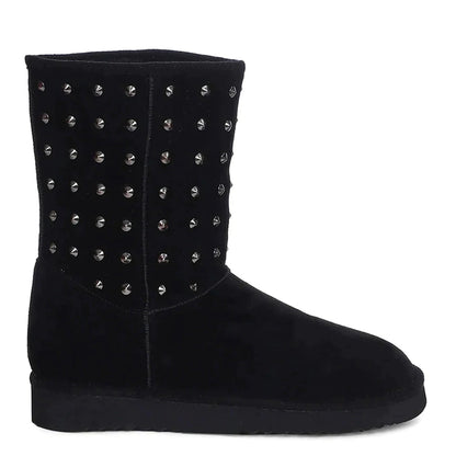 Chic and edgy Saint Estrella Metal Studded Black Suede Snug Boots – your stylish statement for a bold and comfortable stride