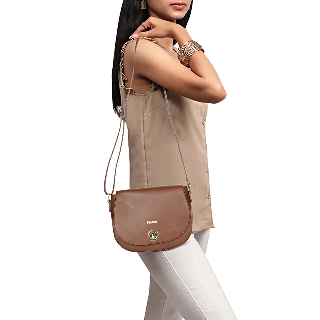 Favore Women Tan Leather Saddle Bags