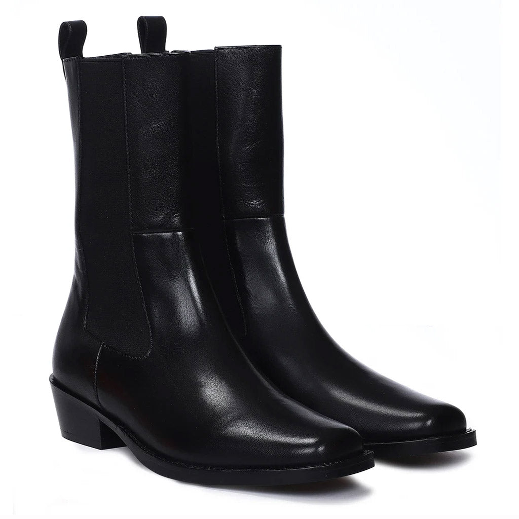 Saint Theresa High Ankle Black Leather Boots with Decorative Buckle – Stylish and chic footwear for a bold and confident look