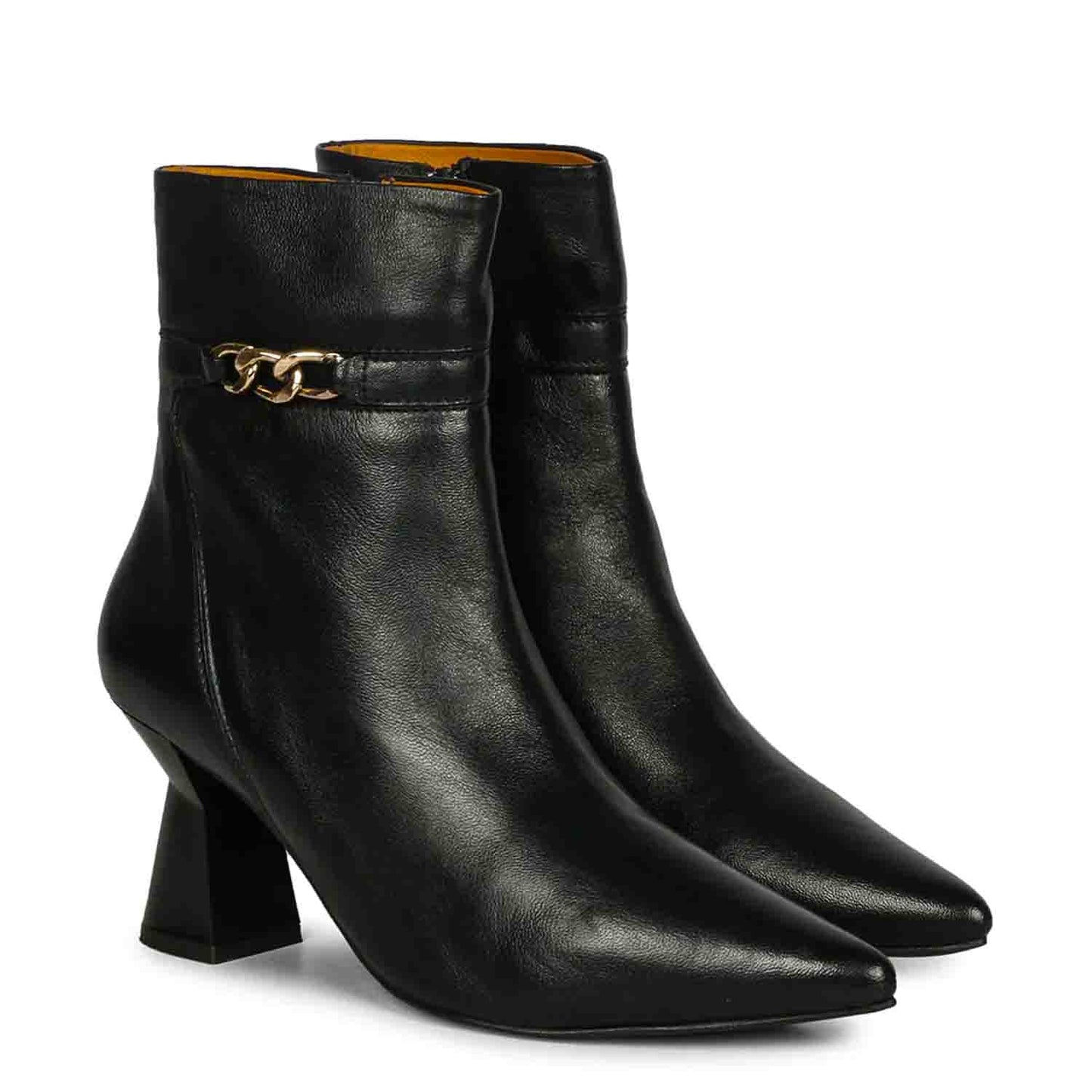 Saint Madelyn Black Leather Chain Decor Pointed Toe Ankle Boots