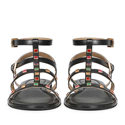 Saint Melina Multi Stone Studded Black Leather Sandals