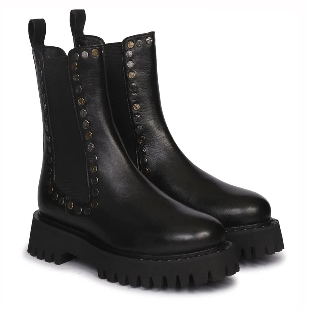 Saint Jessica Metal Studded High Ankle Leather Boots - Edgy and stylish high ankle boots with metal studs for a bold fashion statement