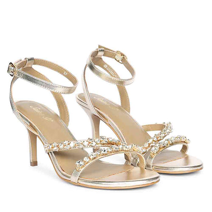 Saint Isla Stone Embellished Champagne Leather Strappy Stilettos