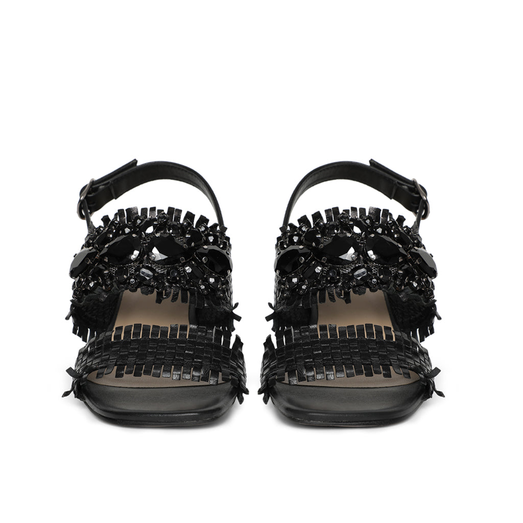 Saint Fabrizia Black Woven Leather Block Heels.
