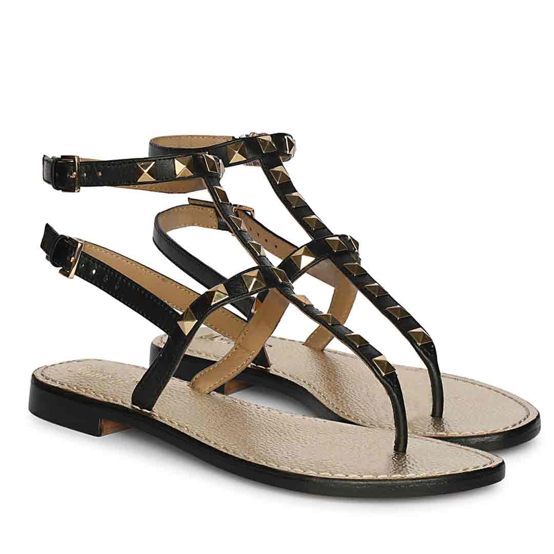 Saint Ornella Black Leather Metal Studded Sandals