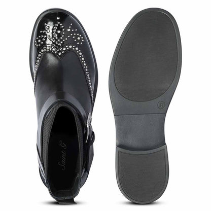 Saint Adeen Studded Buckle Decor Black Leather Ankle Boots