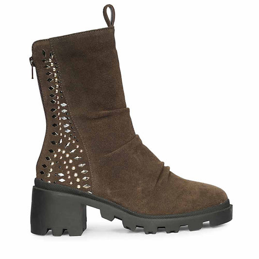 Saint Celestia Brown Leather Crystal High Ankle Boots