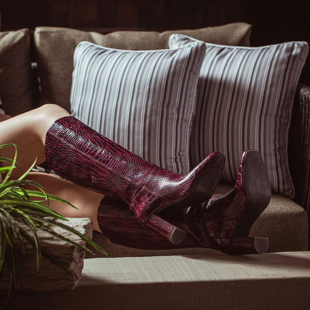 Saint Emily Burgundy Croco Vegan Leather Knee High Boots