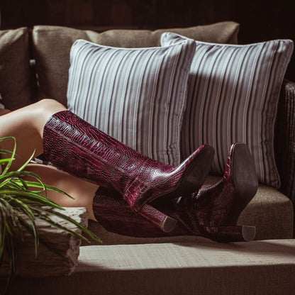 Saint Emily Burgundy Croco Vegan Leather Knee High Boots