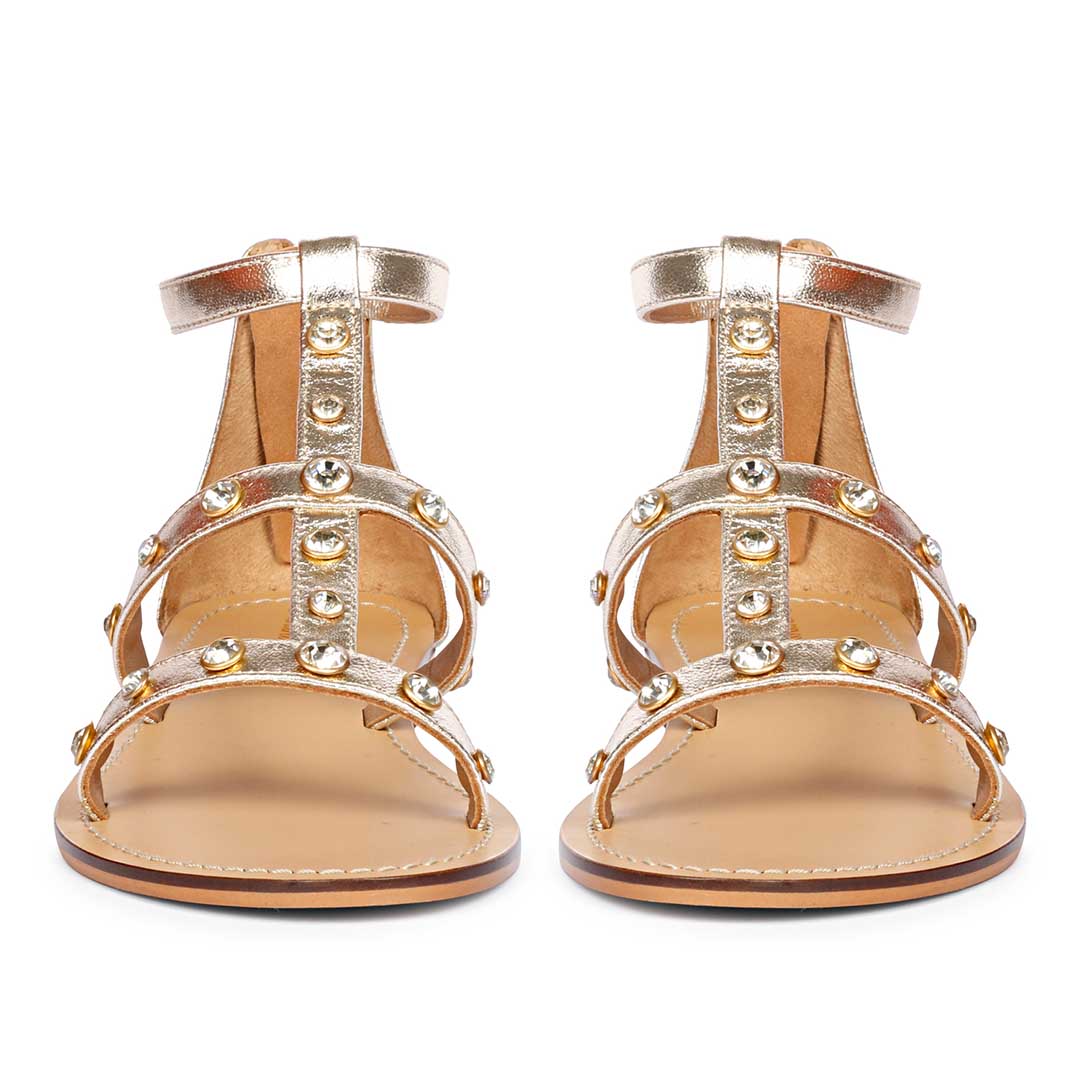 Saint Dion Crystal Stone Studded Platin Leather Sandals