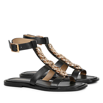 Saint Genesis Golden Chain Decor Black Leather Sandals