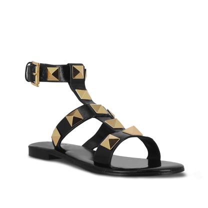 Saint Gaia Black Leather Flat Buckle Sandals: Elegant, versatile flats with a chic buckle design for timeless style and comfort.