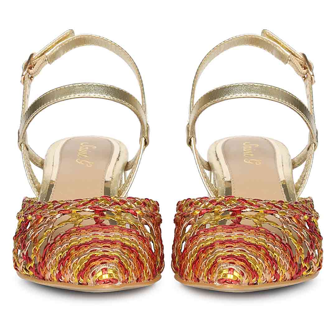 Saint Cianna Orange Multi Hand-Woven Leather Block Heels