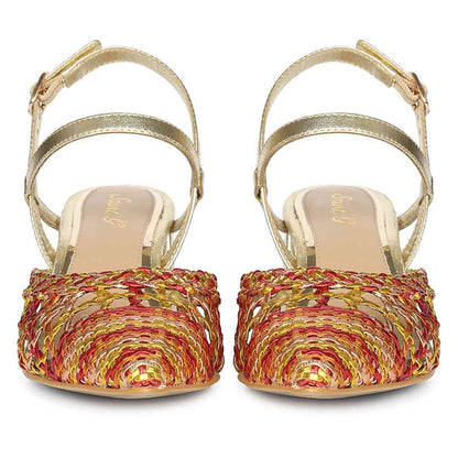 Saint Cianna Orange Multi Hand-Woven Leather Block Heels