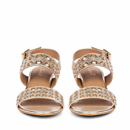Albina Eyelet Embellished Platin Leather Block Heels