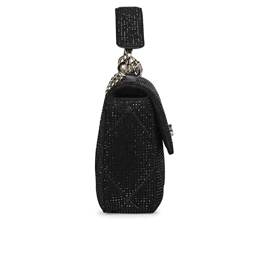 Alayna Black Leather Crystal Shoulder Bags With Detachable Handel