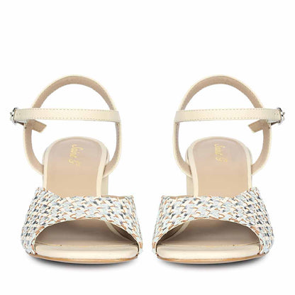 Saint Athena Off White-Silver Hand Woven Leather Heels